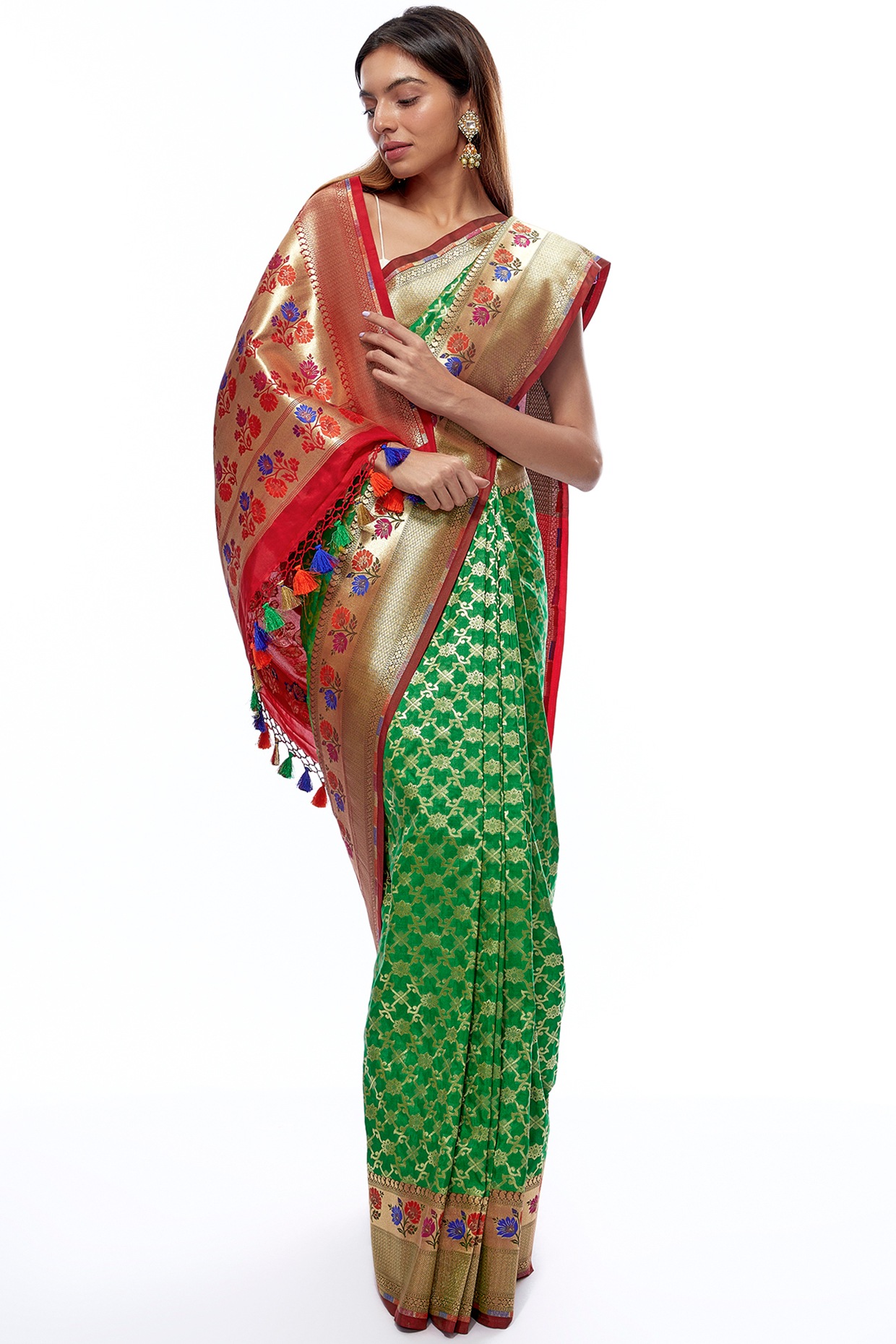 Buy Bottle Green Zari Work Banarasi Saree - Koskii