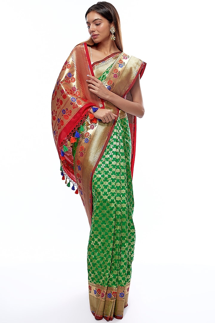 Green & Red Silk Banarasi Saree Set by Priyanka Jha