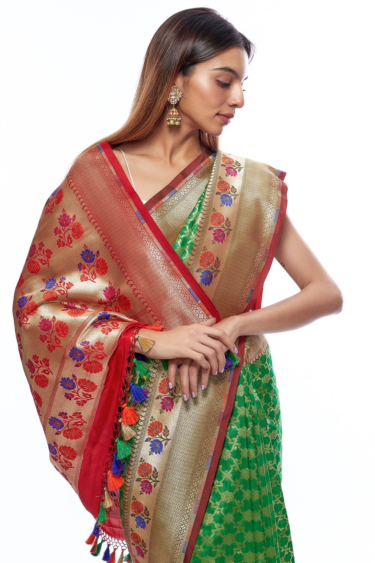 Red & Green Katan Banarasi Saree – Charukriti