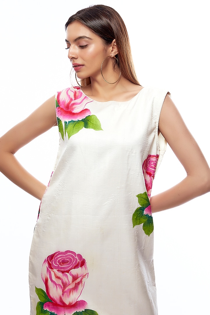 Off-White Pure Mulberry Silk Printed Vacation Dress by Priyanka Jha at Pernia's Pop Up Shop