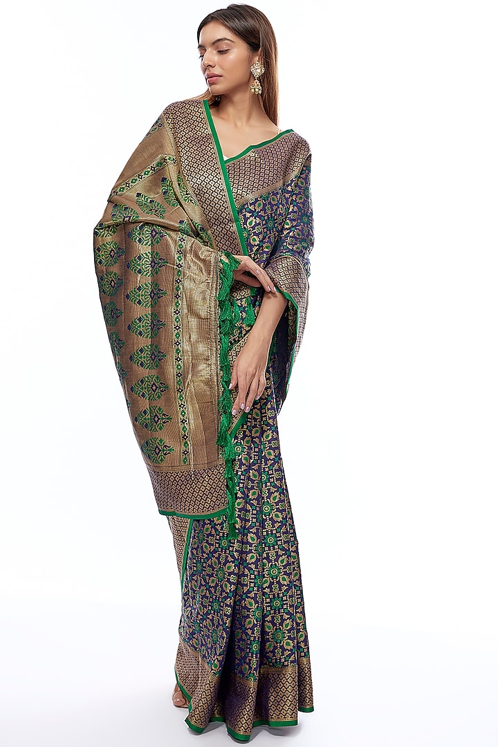 Navy Blue & Green Silk Banarasi Saree Set by Priyanka Jha