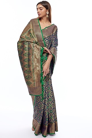 Navy Blue & Green Silk Banarasi Saree Set by Priyanka Jha