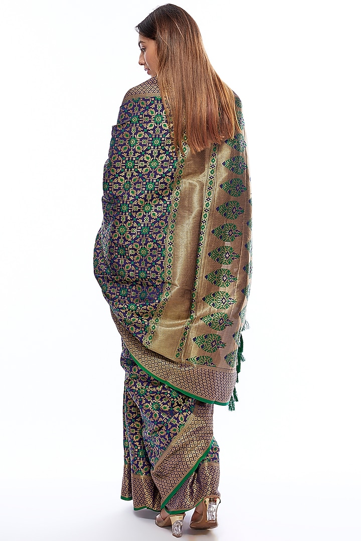 Navy Blue & Green Silk Banarasi Party Wear Saree Set by Priyanka Jha at Pernia's Pop Up Shop