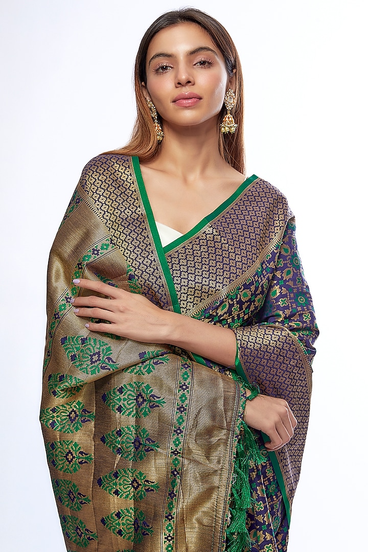 Navy Blue & Green Silk Banarasi Party Wear Saree Set by Priyanka Jha at Pernia's Pop Up Shop