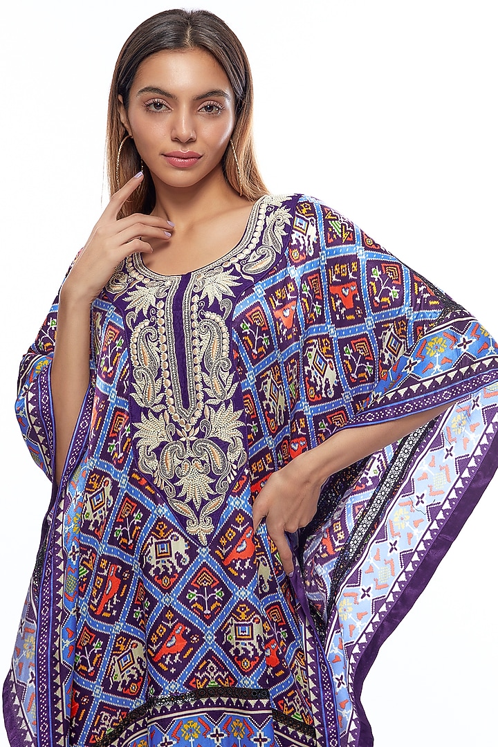 Red Silk Printed & Hand Embroidered Kaftan by Priyanka Jha at Pernia's Pop Up Shop