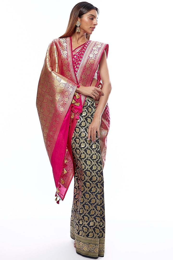 Black & Hot Pink Silk Banarasi Saree Set by Priyanka Jha