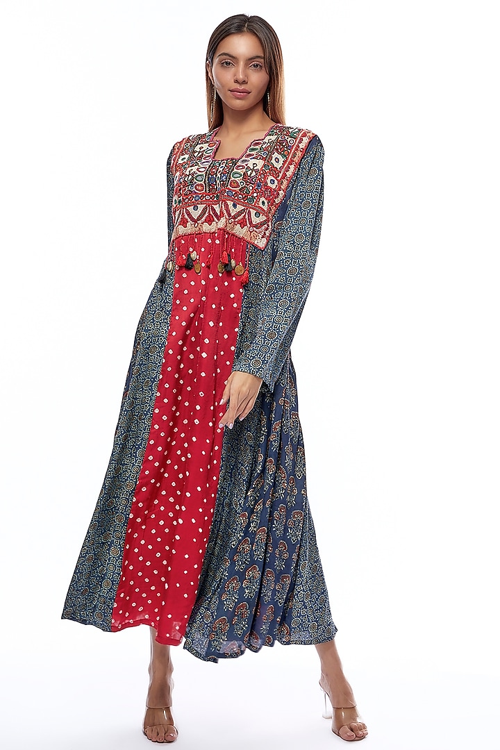 Blue & Red Bandhani Silk Ajrakh Printed Tunic by Priyanka Jha