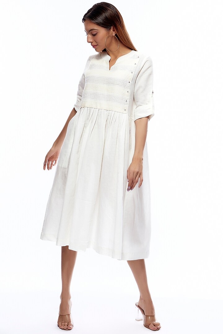 White Linen Hand Embroidered Dress by Priyanka Jha