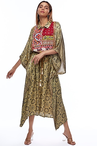 Multi-Colored Silk Hand Embroidered Kaftan by Priyanka Jha