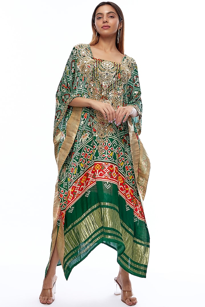 Multi-Colored Silk Printed & Hand Embroidered Kaftan by Priyanka Jha at Pernia's Pop Up Shop
