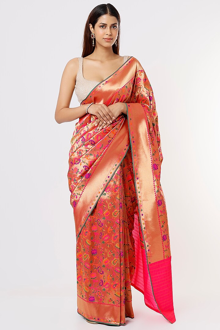 Pink Banarasi Silk Saree With Motifs by Priyanka Jha