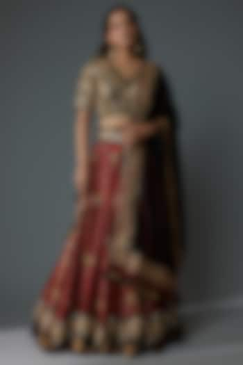 Maroon Modal Silk Printed & Hand Embroidered Wedding Lehenga Set by Priyanka Jha at Pernia's Pop Up Shop