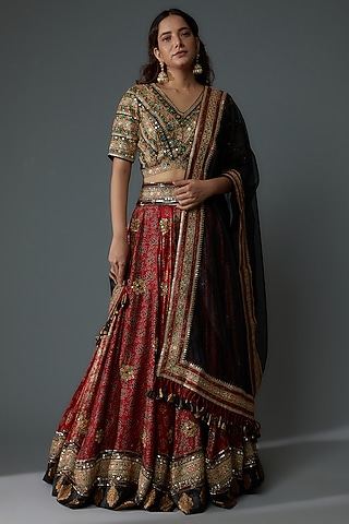 Maroon Modal Silk Printed & Hand Embroidered Lehenga Set by Priyanka Jha