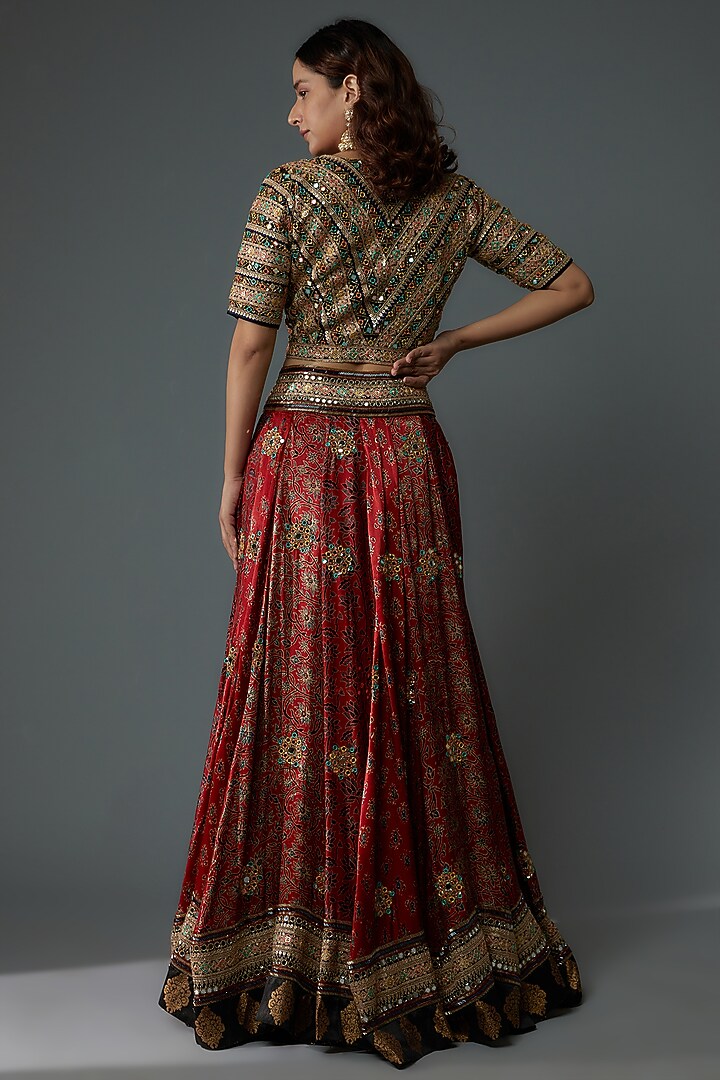 Maroon Modal Silk Printed & Hand Embroidered Wedding Lehenga Set by Priyanka Jha at Pernia's Pop Up Shop