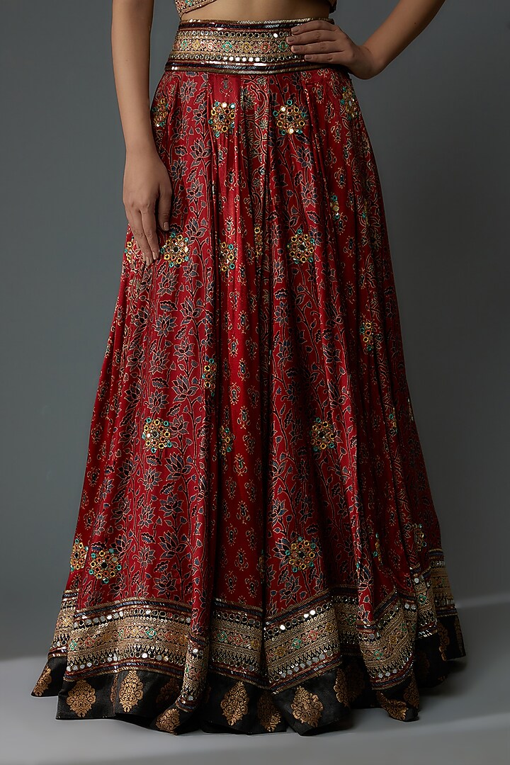 Maroon Modal Silk Printed & Hand Embroidered Wedding Lehenga Set by Priyanka Jha at Pernia's Pop Up Shop