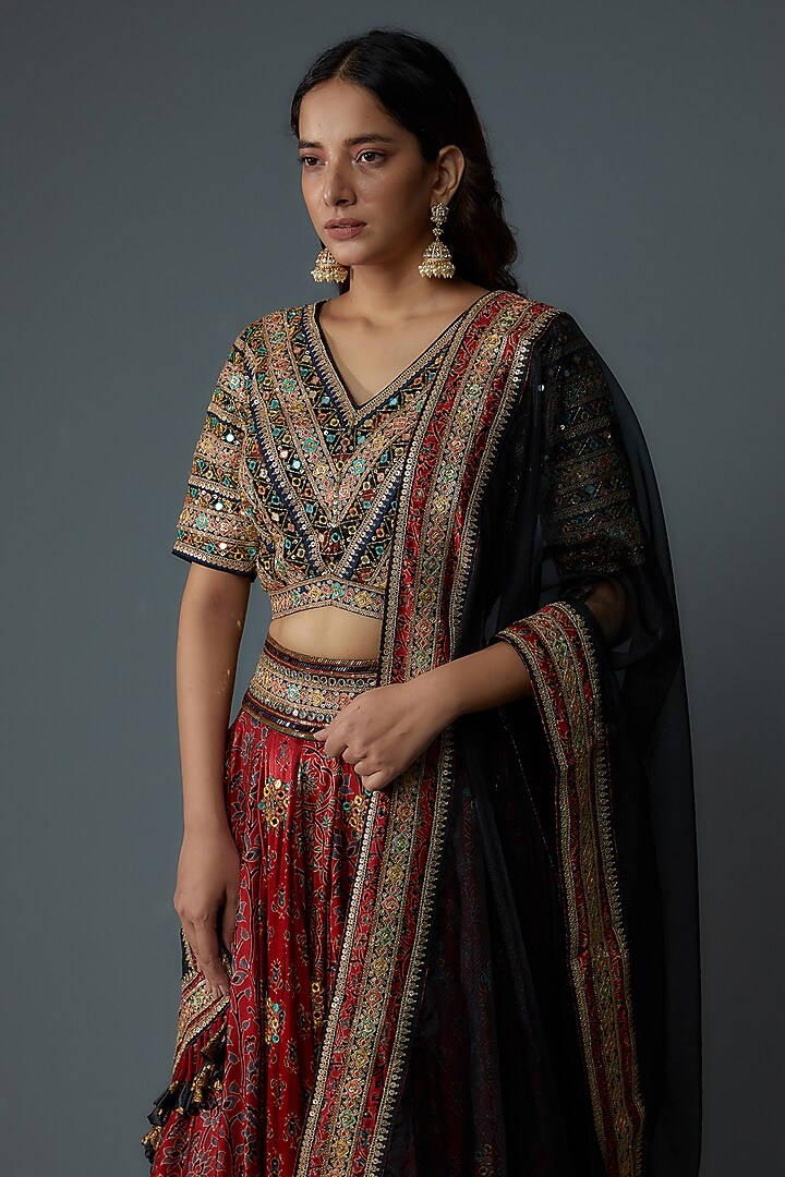 Maroon Modal Silk Printed & Hand Embroidered Wedding Lehenga Set by Priyanka Jha at Pernia's Pop Up Shop