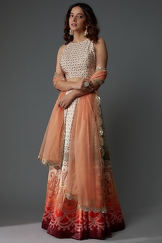 Multi-Colored Satin Silk Printed & Hand Embroidered Lehenga Set by Priyanka Jha