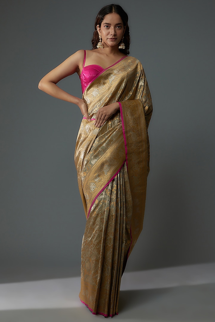 Grey Banarasi Silk Embroidered Saree Set by Priyanka Jha