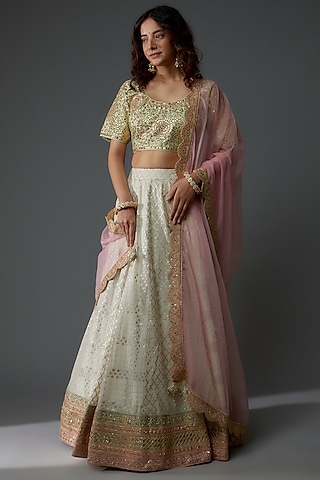 Off-White Banarasi Chanderi Embroidered Lehenga Set by Priyanka Jha