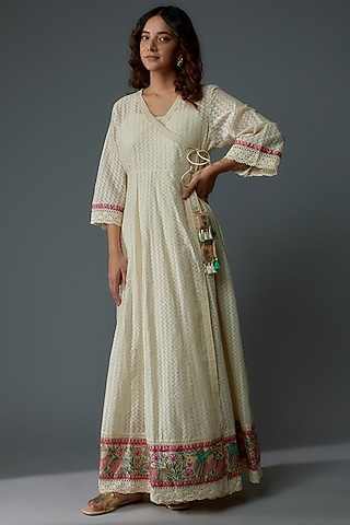 Off-White Chanderi Hand Painted Angrakha Dress by Priyanka Jha