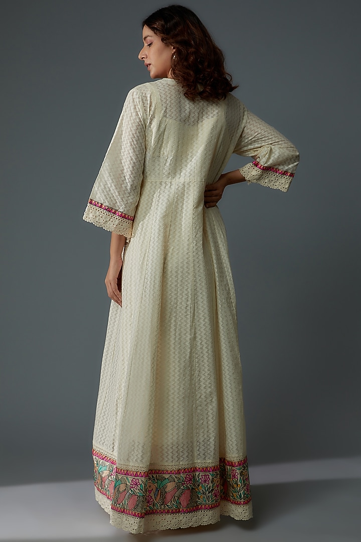 Off-White Chanderi Hand Painted Angrakha Vacation Dress by Priyanka Jha at Pernia's Pop Up Shop