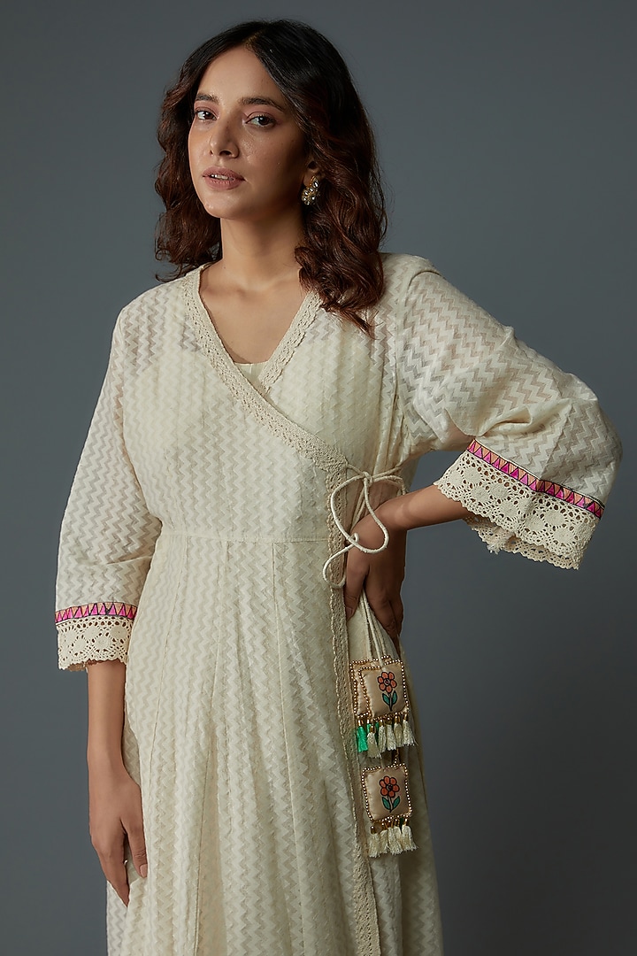 Off-White Chanderi Hand Painted Angrakha Vacation Dress by Priyanka Jha at Pernia's Pop Up Shop