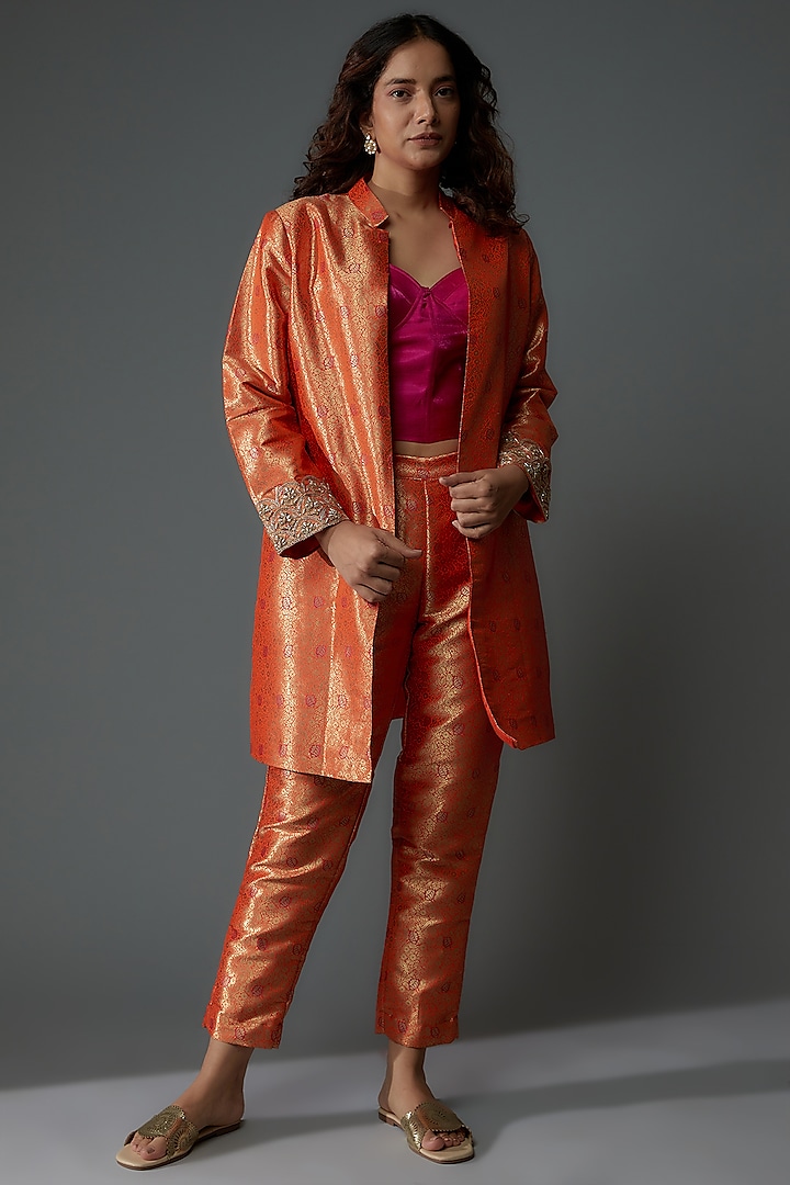 Orange Banarasi Silk Brocade Hand Embroidered Jacket Set by Priyanka Jha