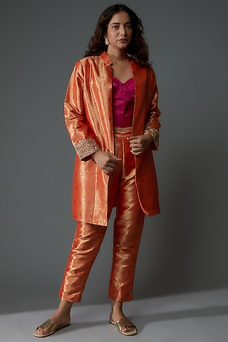 Orange Banarasi Silk Brocade Hand Embroidered Jacket Set by Priyanka Jha