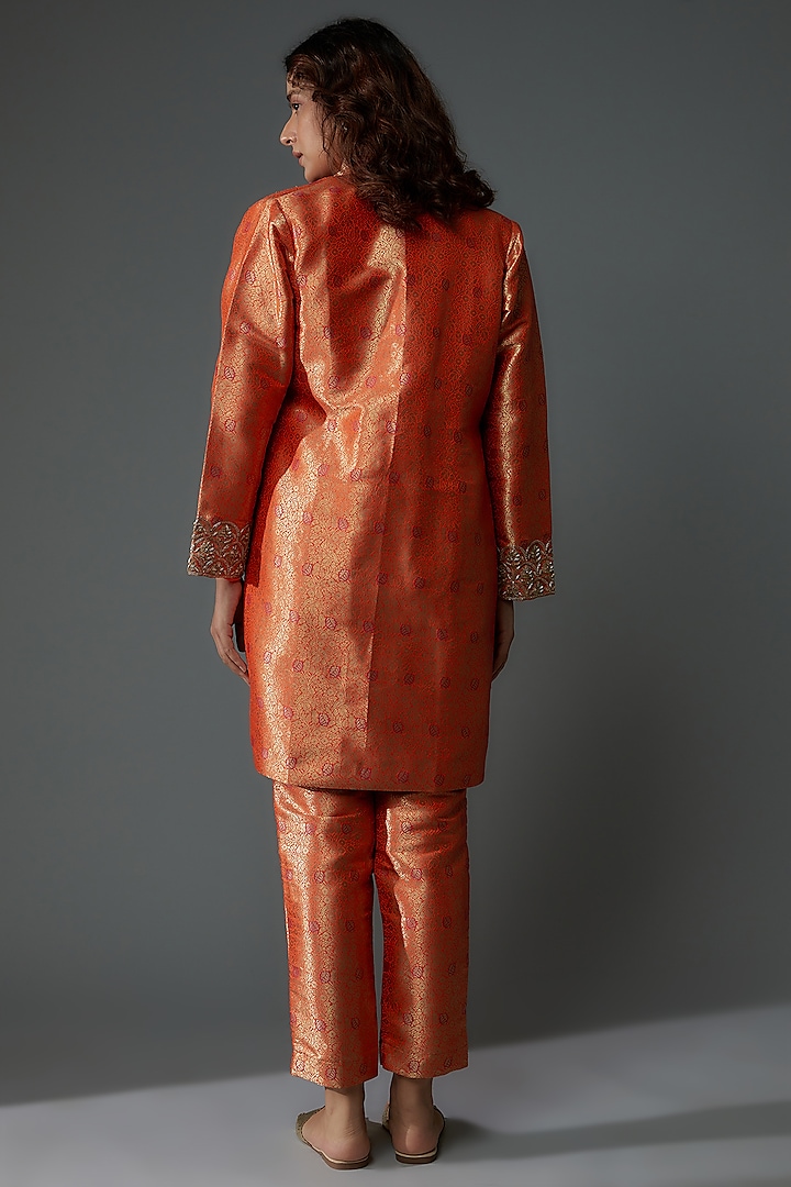 Orange Banarasi Silk Brocade Hand Embroidered Jacket Set by Priyanka Jha at Pernia's Pop Up Shop