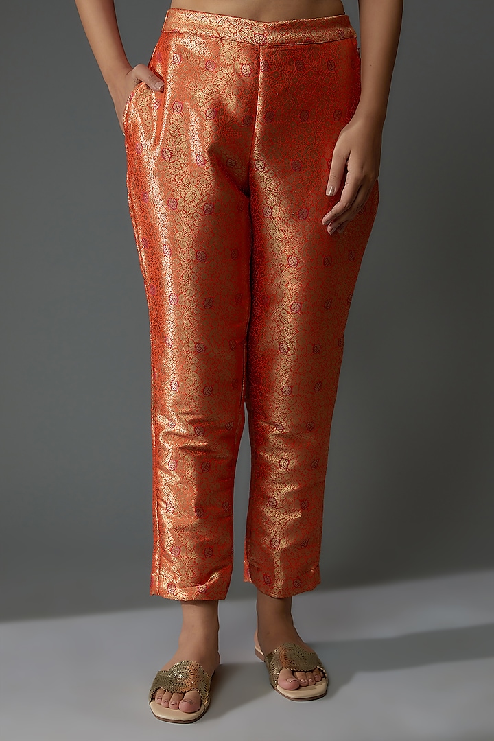 Orange Banarasi Silk Brocade Hand Embroidered Jacket Set by Priyanka Jha at Pernia's Pop Up Shop