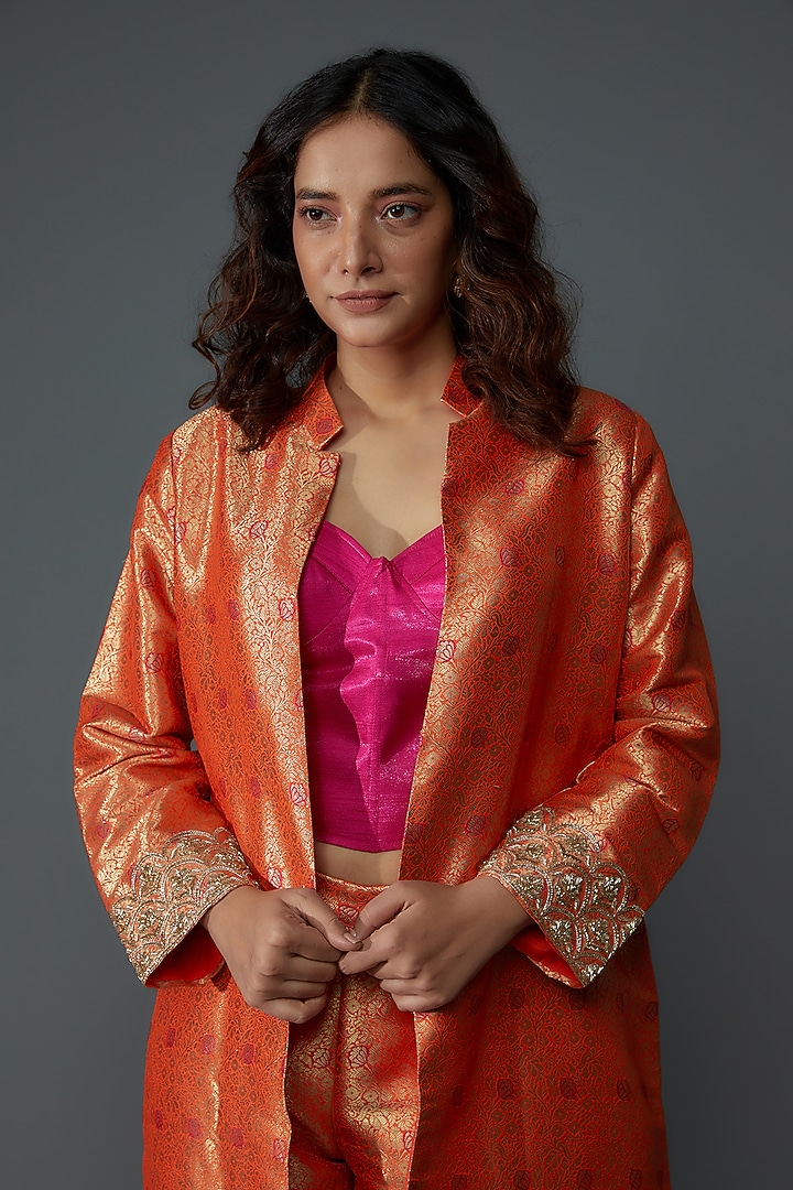 Orange Banarasi Silk Brocade Hand Embroidered Jacket Set by Priyanka Jha at Pernia's Pop Up Shop