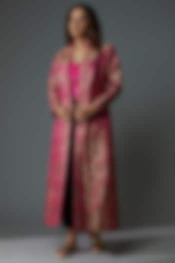Hot Pink Banarasi Silk Long Jacket by Priyanka Jha at Pernia's Pop Up Shop