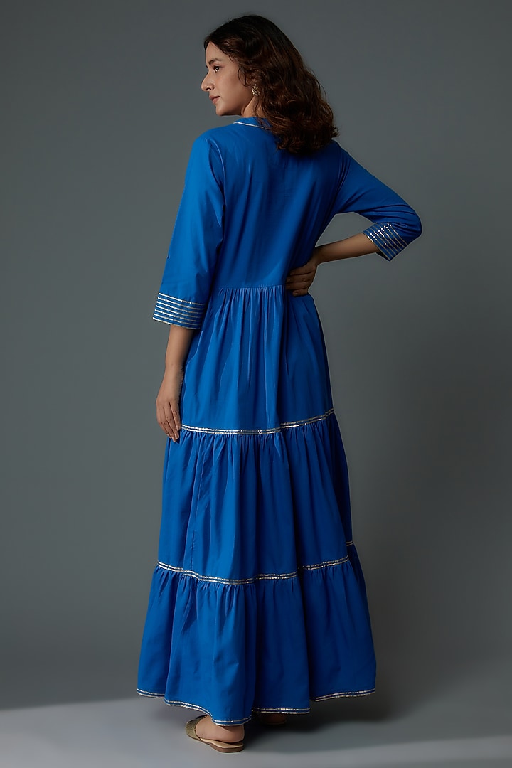 Blue Pure Cotton Tiered Summer Dress by Priyanka Jha at Pernia's Pop Up Shop