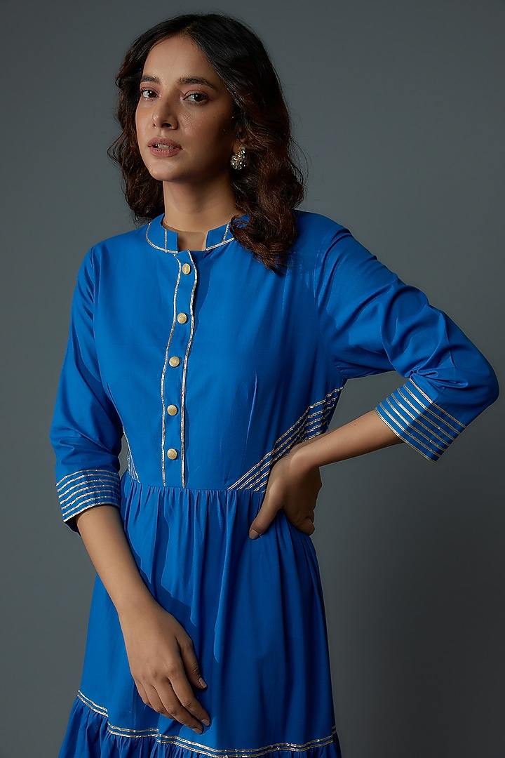 Blue Pure Cotton Tiered Summer Dress by Priyanka Jha at Pernia's Pop Up Shop