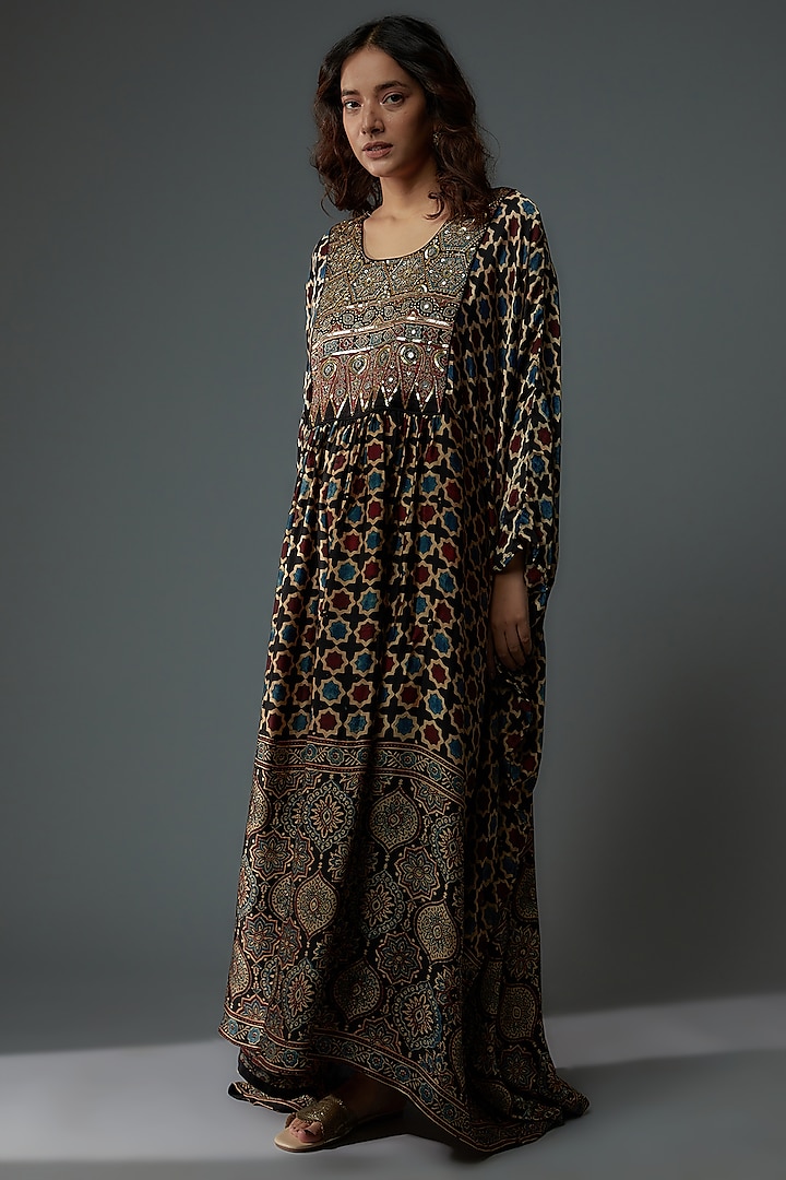 Black Modal Silk Printed Kaftan by Priyanka Jha at Pernia's Pop Up Shop