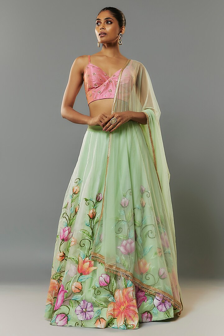 Pale Sea Green Organza Hand Painted & Embroidered Wedding Lehenga Set by Priyanka Jha at Pernia's Pop Up Shop