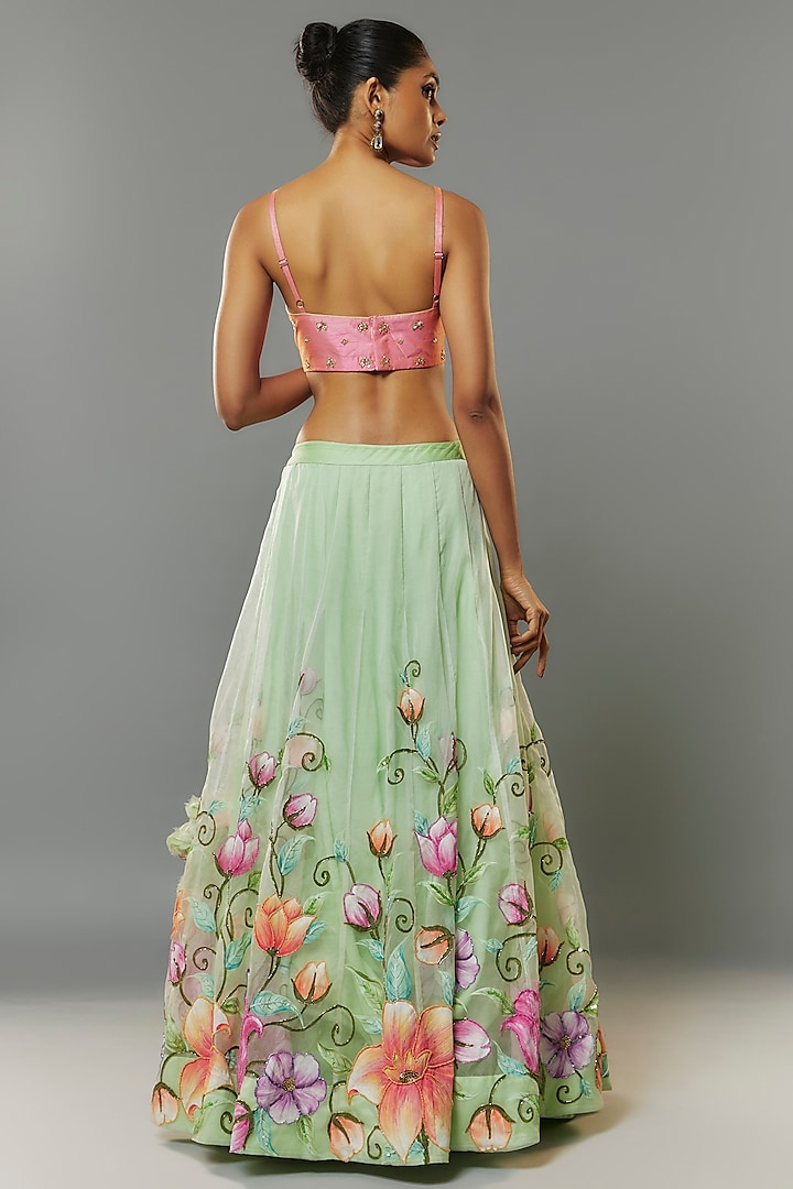 Pale Sea Green Organza Hand Painted & Embroidered Wedding Lehenga Set by Priyanka Jha at Pernia's Pop Up Shop