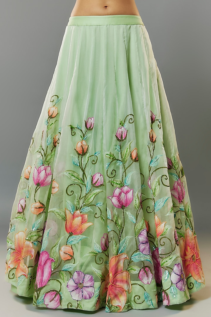 Pale Sea Green Organza Hand Painted & Embroidered Wedding Lehenga Set by Priyanka Jha at Pernia's Pop Up Shop