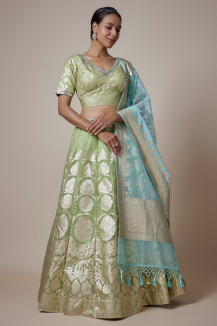 Light Pista Green Banarasi Organza Hand Embroidered Lehenga Set by Priyanka Jha