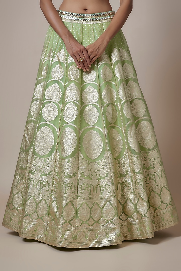 Light Pista Green Banarasi Organza Hand Embroidered Wedding Lehenga Set by Priyanka Jha at Pernia's Pop Up Shop