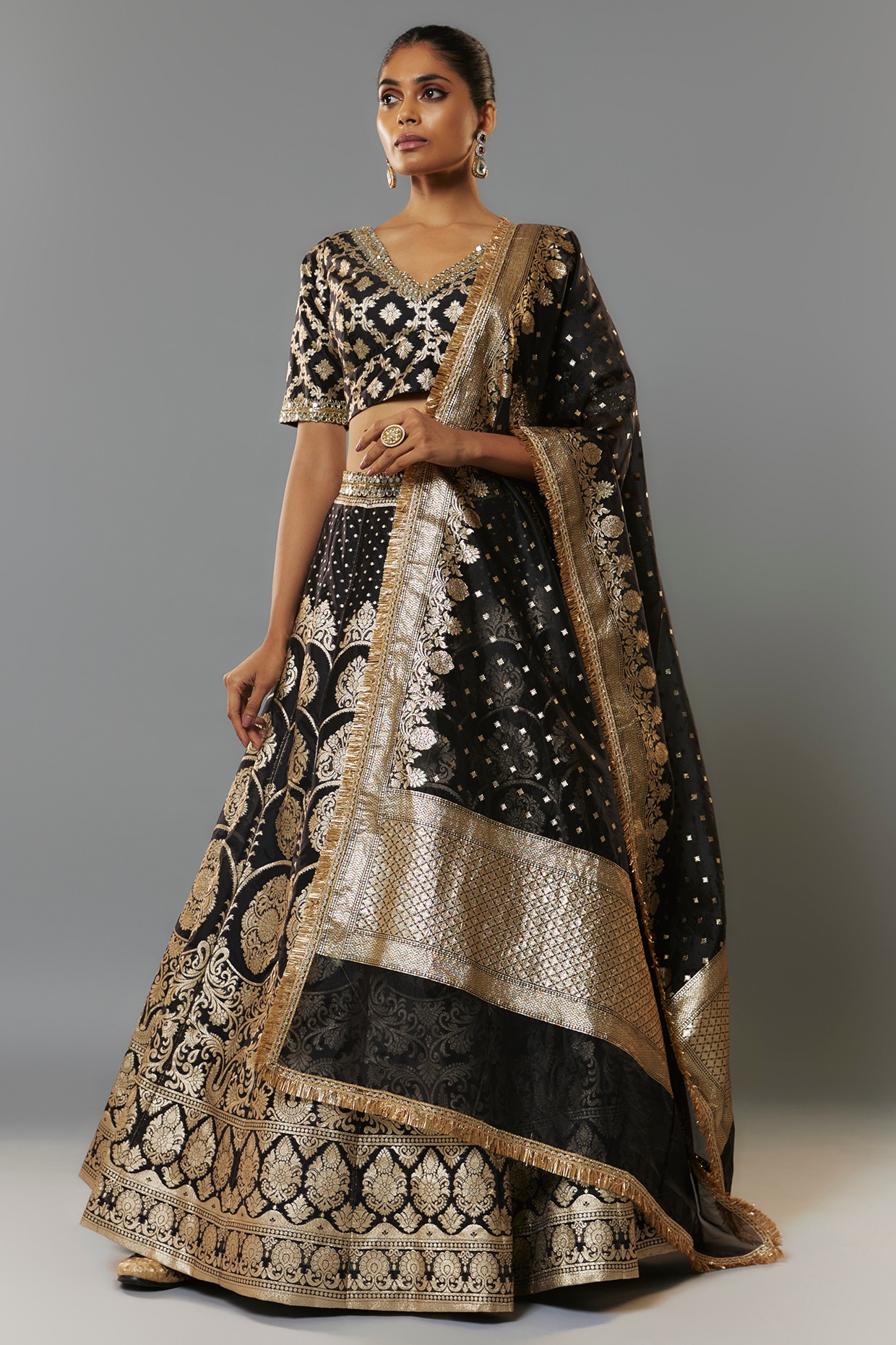 Black Banarasi Organza Hand Embroidered Wedding Lehenga Set by
