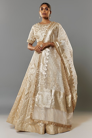 Ivory Banarasi Organza Hand Embroidered Lehenga Set by Priyanka Jha