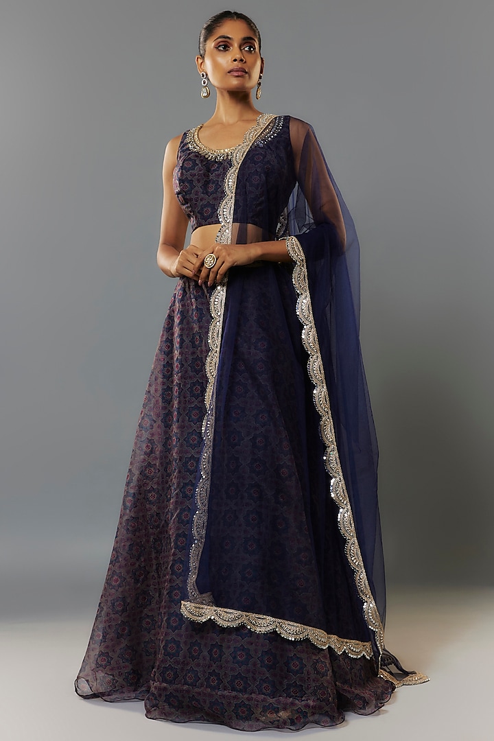 Midnight Blue Organza Ajrakh Printed Lehenga Set by Priyanka Jha at Pernia's Pop Up Shop