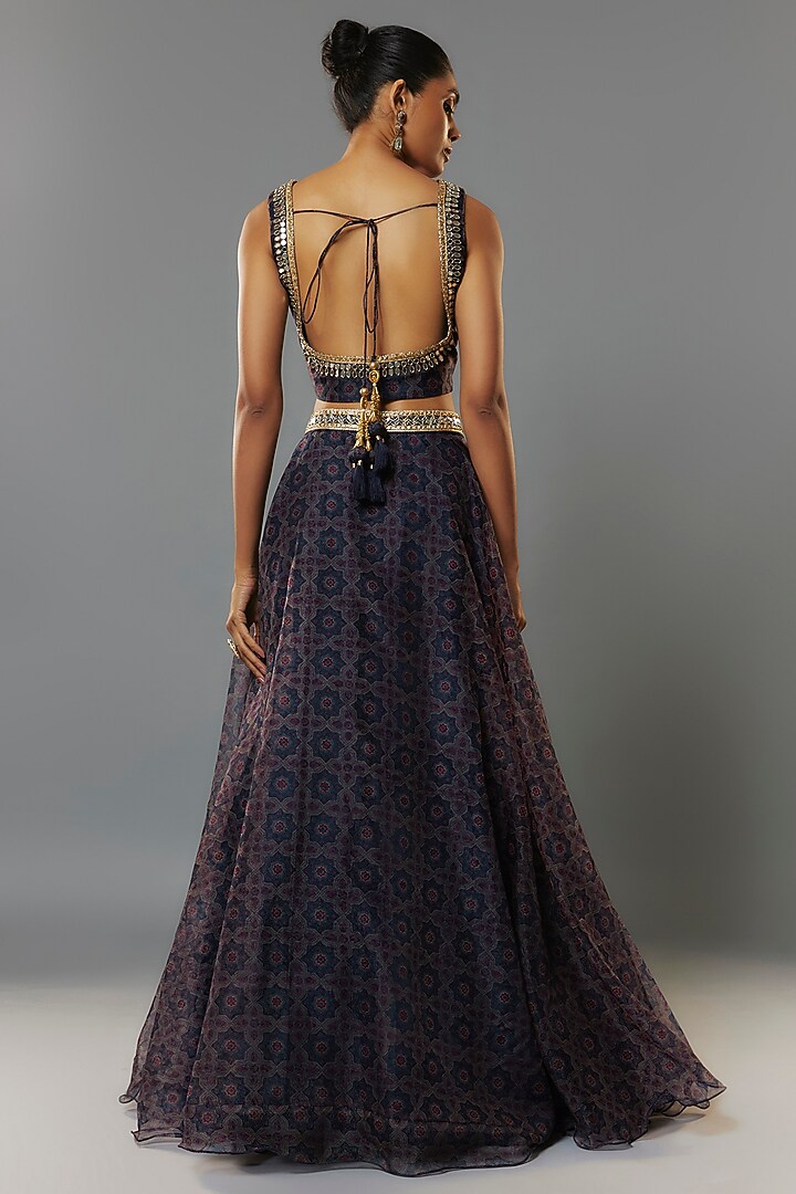 Midnight Blue Organza Ajrakh Printed Lehenga Set by Priyanka Jha at Pernia's Pop Up Shop