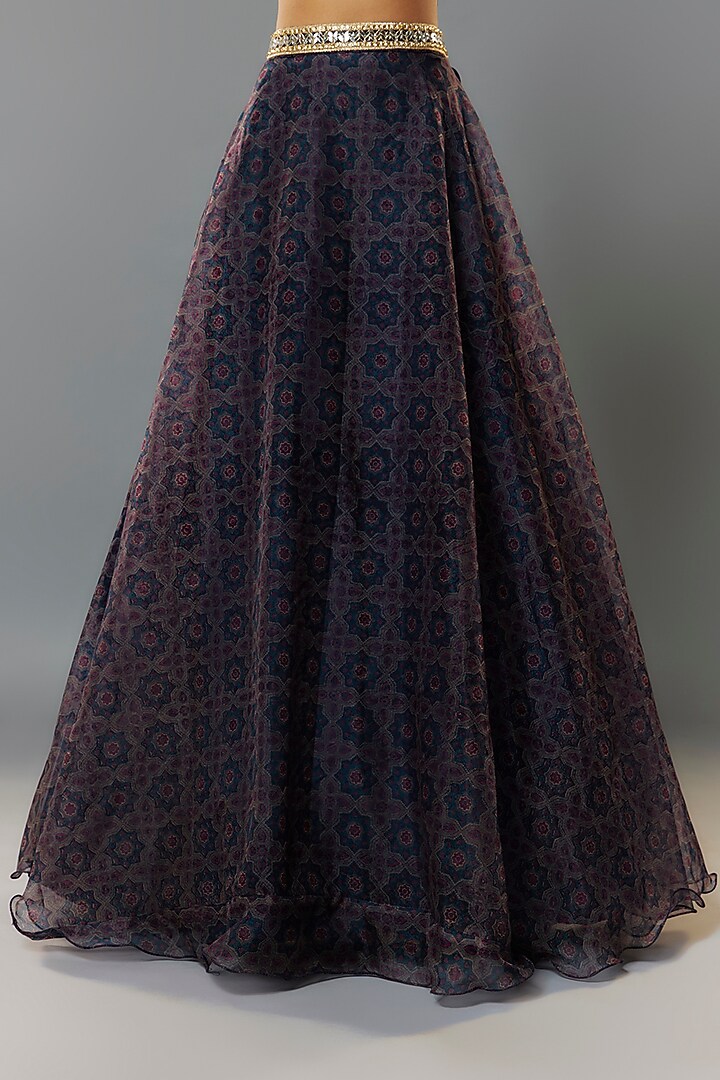 Midnight Blue Organza Ajrakh Printed Lehenga Set by Priyanka Jha at Pernia's Pop Up Shop
