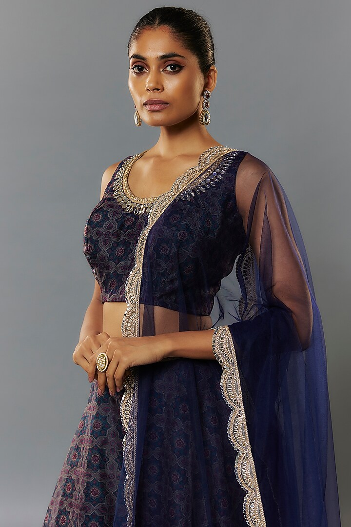 Midnight Blue Organza Ajrakh Printed Lehenga Set by Priyanka Jha at Pernia's Pop Up Shop