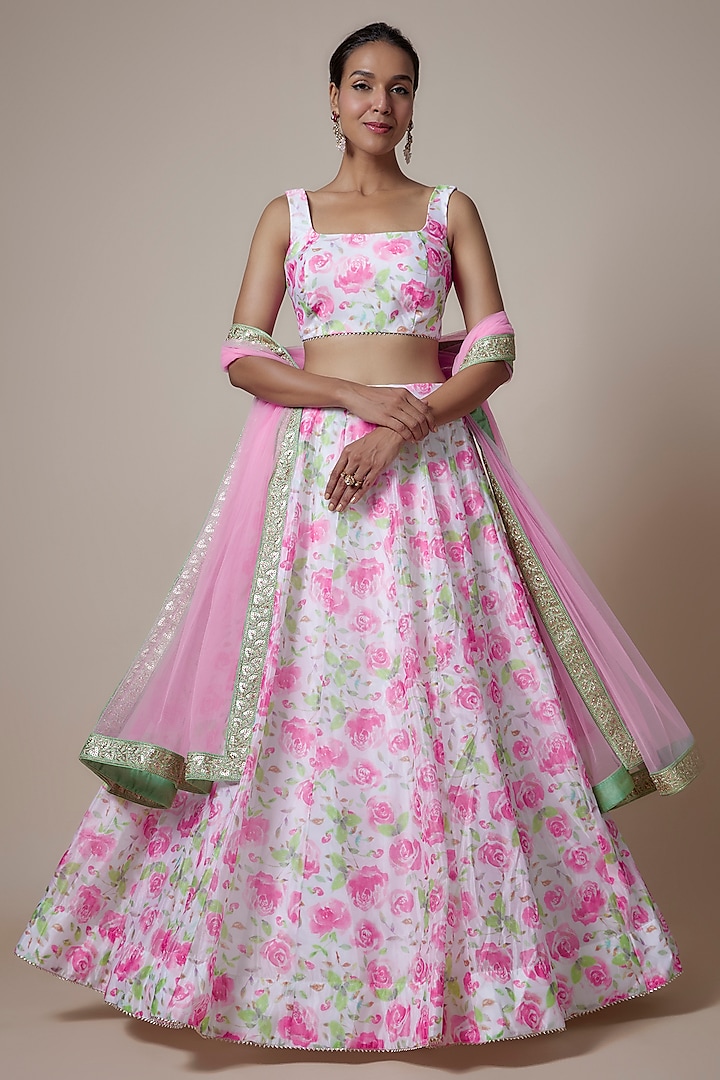 Off-White & Pink Organza Floral Printed Lehenga Set by Priyanka Jha at Pernia's Pop Up Shop