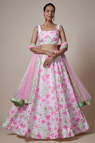 Off-White & Pink Organza Floral Printed Lehenga Set by Priyanka Jha