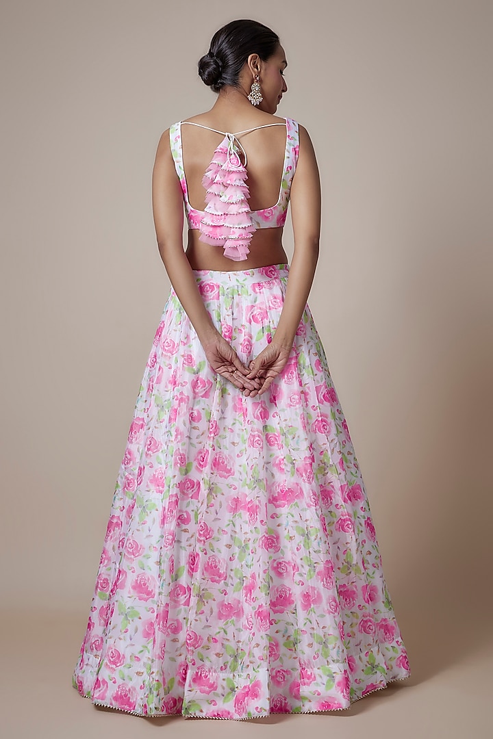 Off-White & Pink Organza Floral Printed Lehenga Set by Priyanka Jha at Pernia's Pop Up Shop