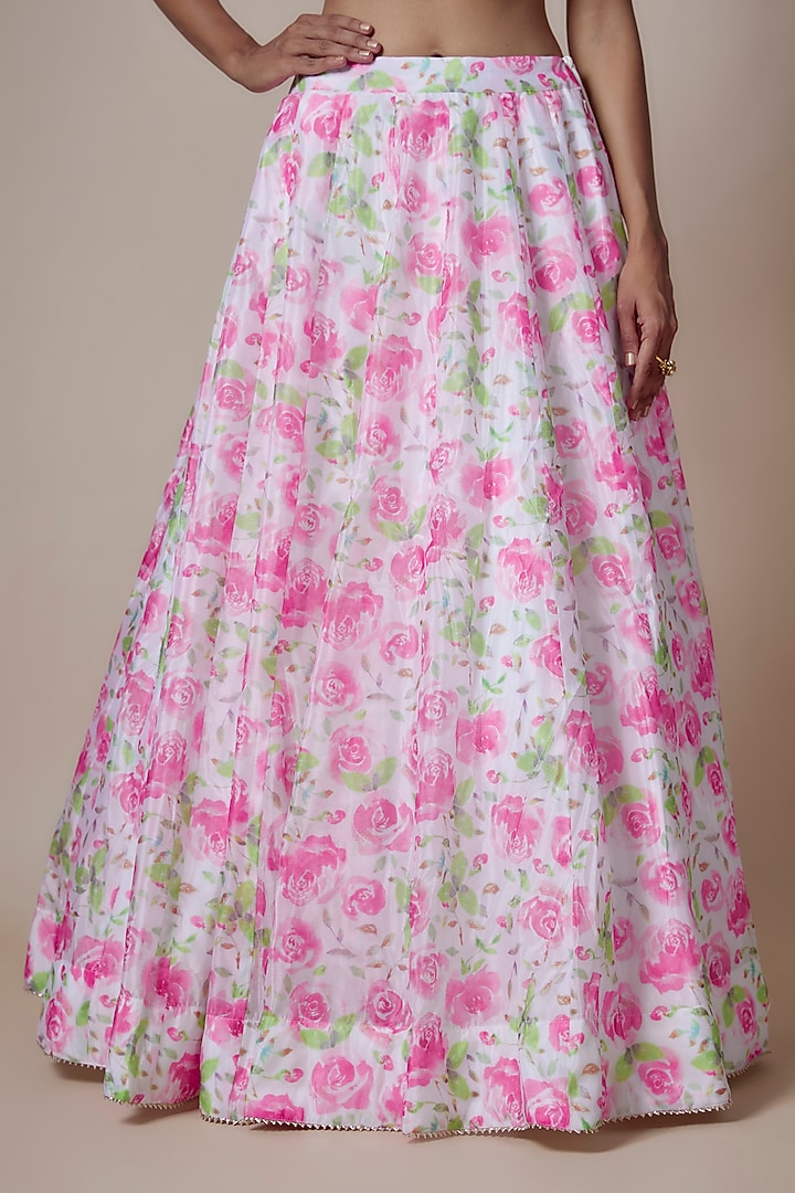 Off-White & Pink Organza Floral Printed Lehenga Set by Priyanka Jha at Pernia's Pop Up Shop